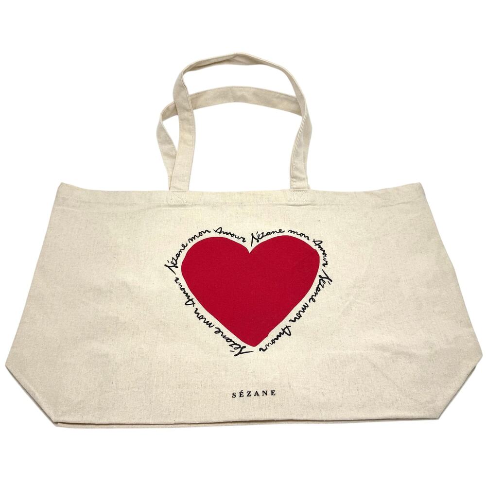 Sezane Mon Amour Red Heart Cotton Canvas Tote Reusable Shopping Bag Natural